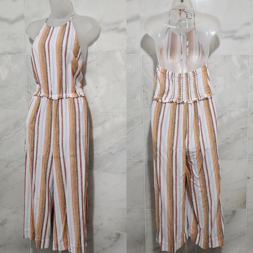 Anthropologie CLOTH & STONE Striped Halter Neck Cropped Linen Jumpsuit Size S
